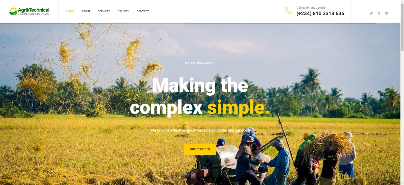 AgrikTechnical home page with a harvest field hero