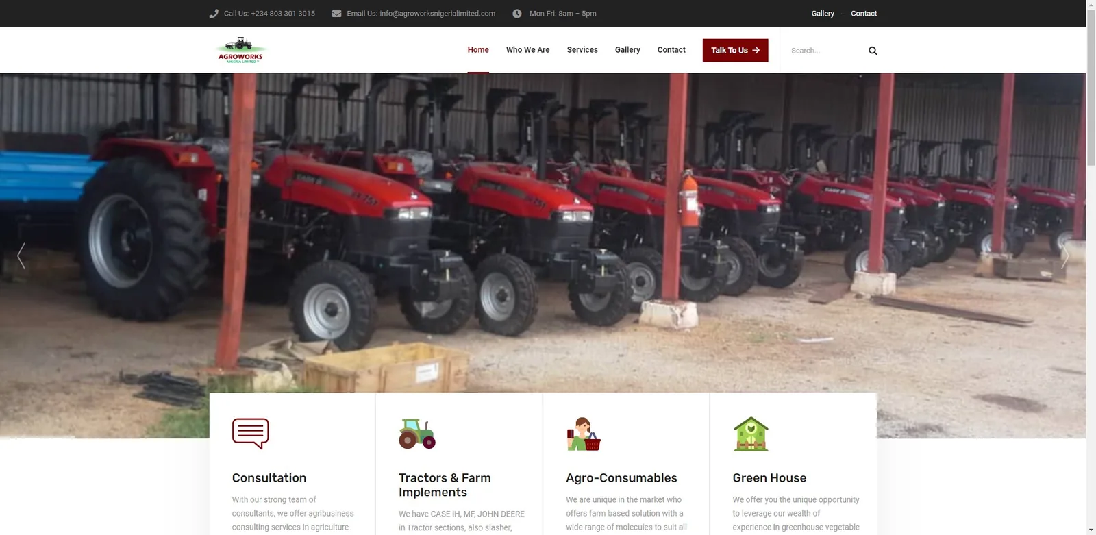 Agroworks Nigeria Limited home page with a tractor yard hero