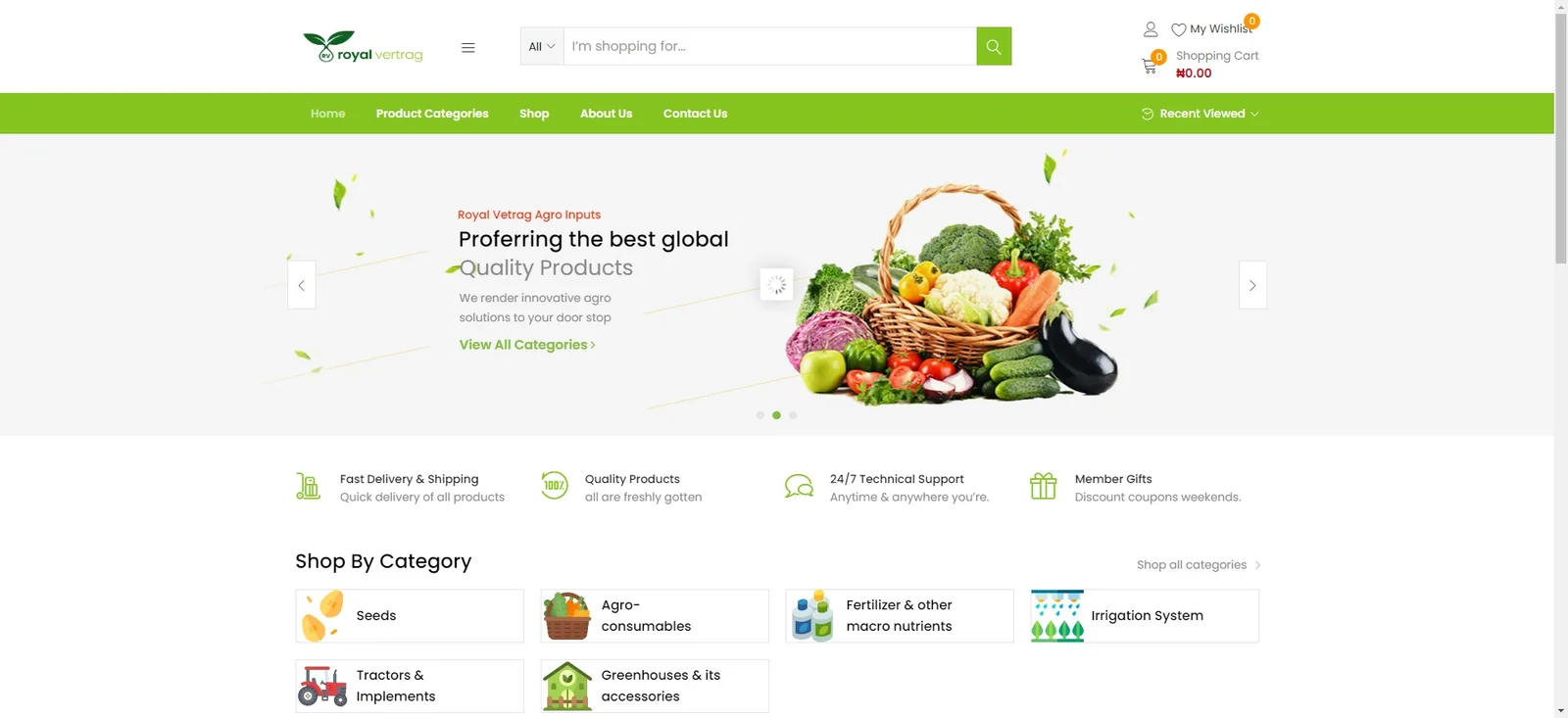 Royal Vertrag agro inputs storefront with product categories