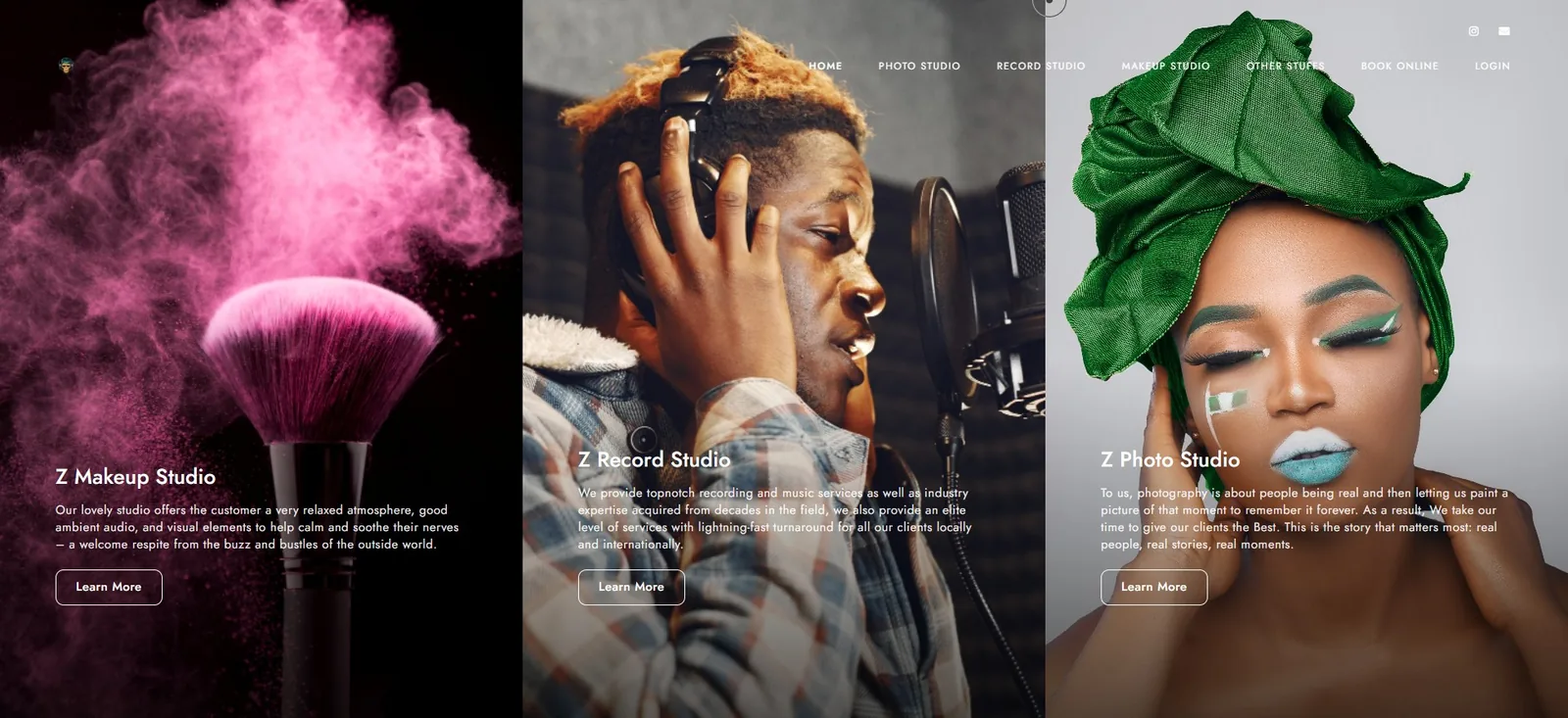 Zaya Records landing page splitting into makeup, record and photo studios
